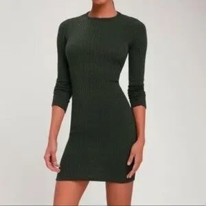 Lulus Put On Your Playlist Olive Green Ribbed Knit Long Sleeve Bodycon Dress